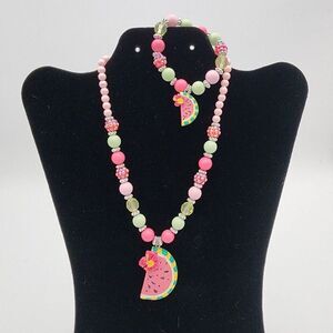 Girls Necklace and Bracelet Set Summer Pastel Beads Watermelon Pendant New
